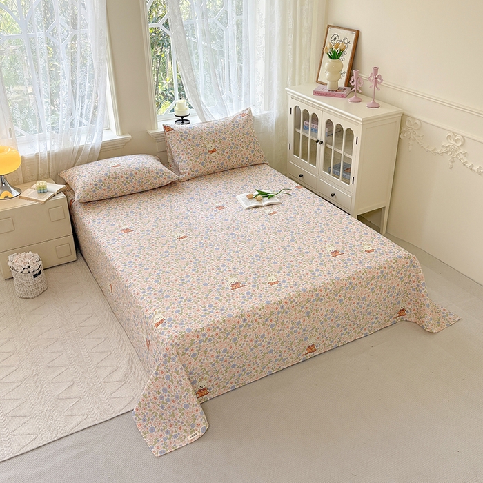 91家纺网 家纺一手货源 找家纺 青泽家纺 2025年新款老粗布床单原棉三枚缎卡老粗布凉席三件套亚麻棉麻床单枕套 繁花兔宝