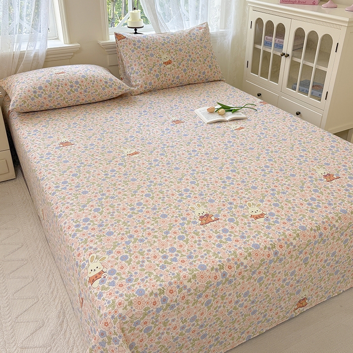 91家纺网 家纺一手货源 找家纺 青泽家纺 2025年新款老粗布床单原棉三枚缎卡老粗布凉席三件套亚麻棉麻床单枕套 繁花兔宝