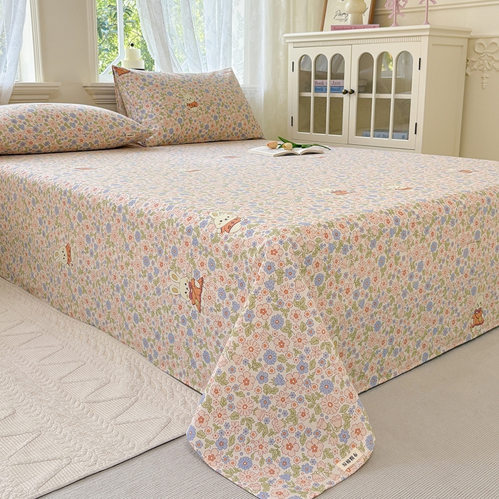 91家纺网 家纺一手货源 找家纺 青泽家纺 2025年新款老粗布床单原棉三枚缎卡老粗布凉席三件套亚麻棉麻床单枕套 繁花兔宝