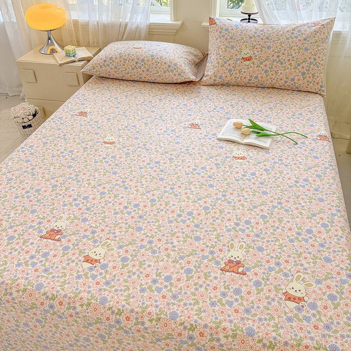 91家纺网 家纺一手货源 找家纺 青泽家纺 2025年新款老粗布床单原棉三枚缎卡老粗布凉席三件套亚麻棉麻床单枕套 繁花兔宝