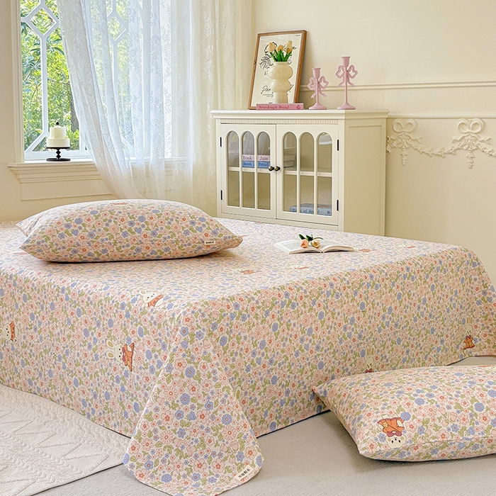 91家纺网 家纺一手货源 找家纺 青泽家纺 2025年新款老粗布床单原棉三枚缎卡老粗布凉席三件套亚麻棉麻床单枕套 繁花兔宝