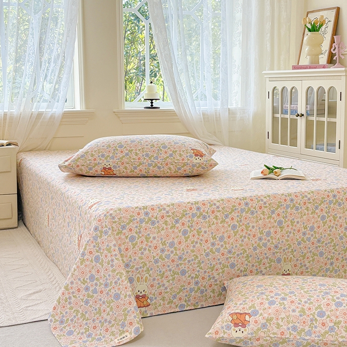 91家纺网 家纺一手货源 找家纺 青泽家纺 2025年新款老粗布床单原棉三枚缎卡老粗布凉席三件套亚麻棉麻床单枕套 繁花兔宝