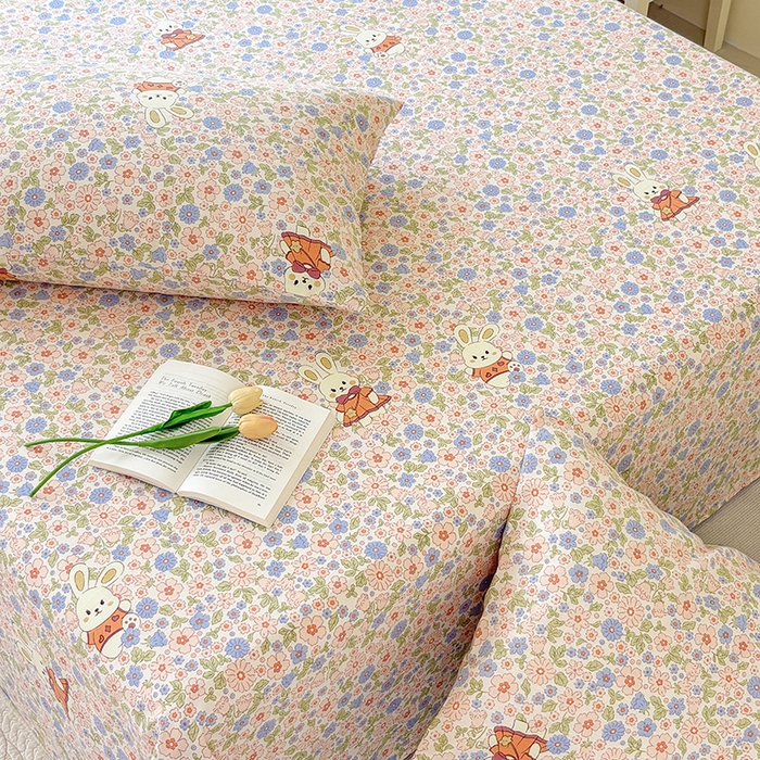 91家纺网 家纺一手货源 找家纺 青泽家纺 2025年新款老粗布床单原棉三枚缎卡老粗布凉席三件套亚麻棉麻床单枕套 繁花兔宝