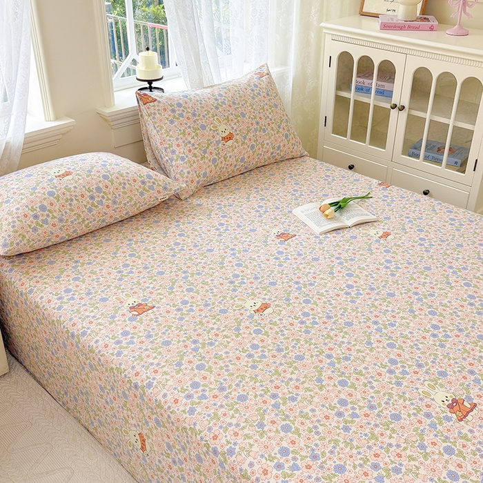 91家纺网 家纺一手货源 找家纺 青泽家纺 2025年新款老粗布床单原棉三枚缎卡老粗布凉席三件套亚麻棉麻床单枕套 繁花兔宝