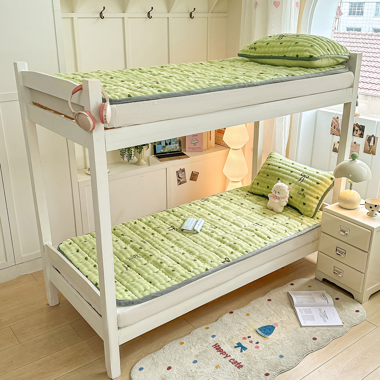 91家纺网 家纺一手货源 找家纺 眠势力 2025新款牛奶绒泡泡床褥加绒仿兔毛绒床褥子秋冬保暖珊瑚绒夹棉学生上下铺床护垫 爱心绿