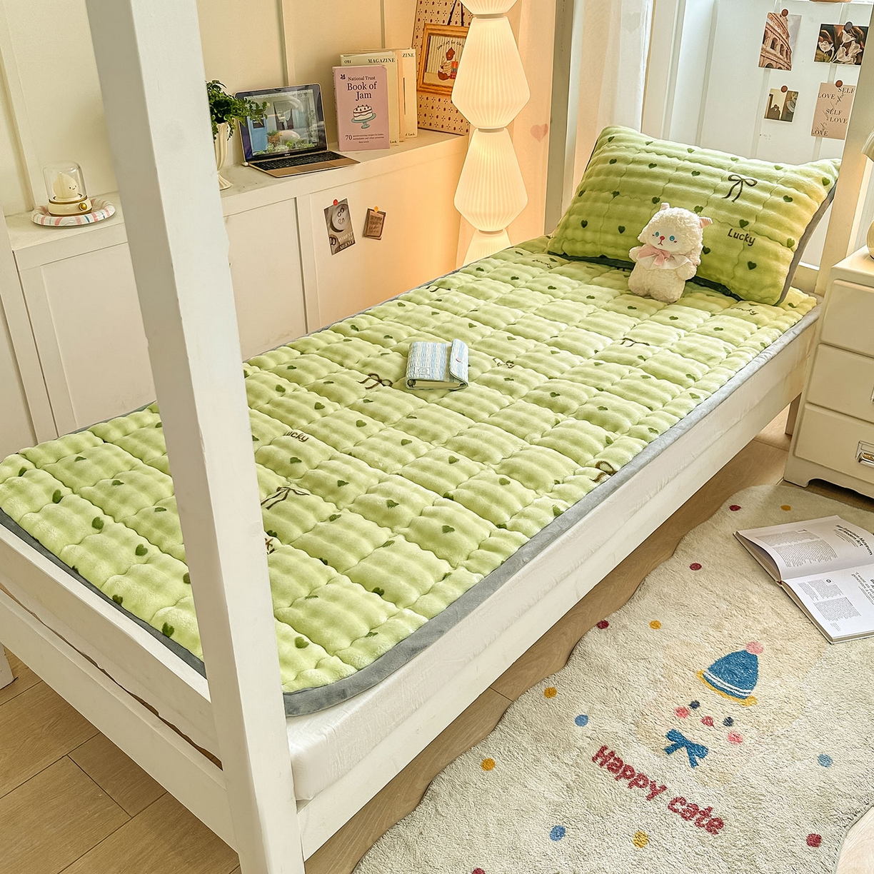 91家纺网 家纺一手货源 找家纺 眠势力 2025新款牛奶绒泡泡床褥加绒仿兔毛绒床褥子秋冬保暖珊瑚绒夹棉学生上下铺床护垫 爱心绿