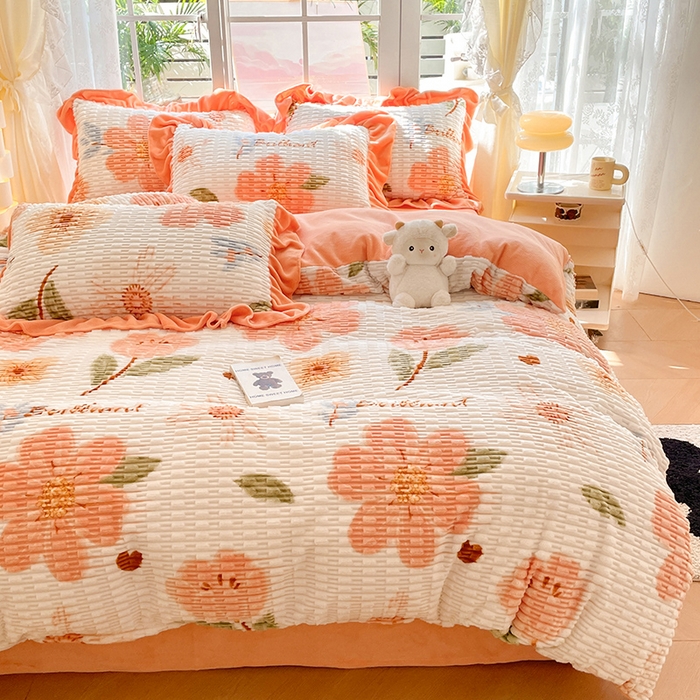 91家纺网 家纺一手货源 找家纺 摩妮卡 2026新款提花豆豆绒卡通印花牛奶绒四件套 芬然