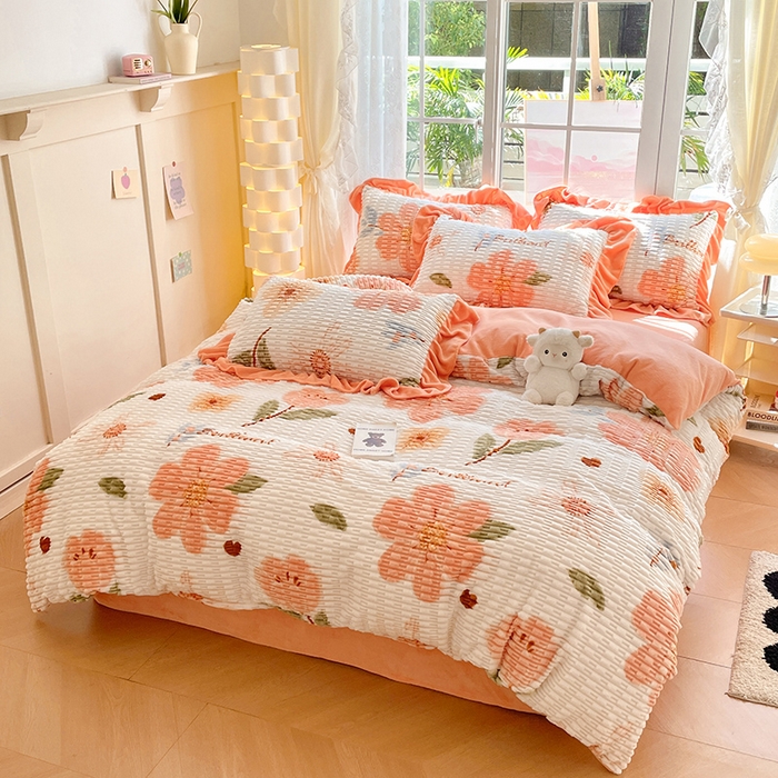 91家纺网 家纺一手货源 找家纺 摩妮卡 2026新款提花豆豆绒卡通印花牛奶绒四件套 芬然