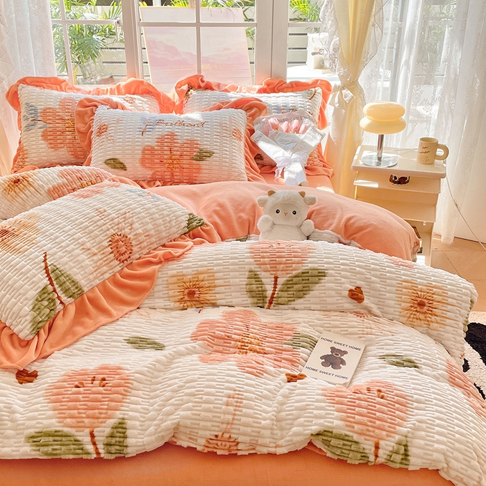 91家纺网 家纺一手货源 找家纺 摩妮卡 2026新款提花豆豆绒卡通印花牛奶绒四件套 芬然