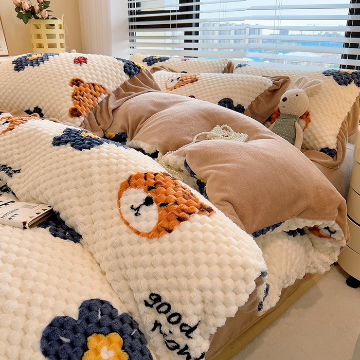 摩妮卡 2025新款提花豆豆绒卡通印花牛奶绒四件套 乖乖虎