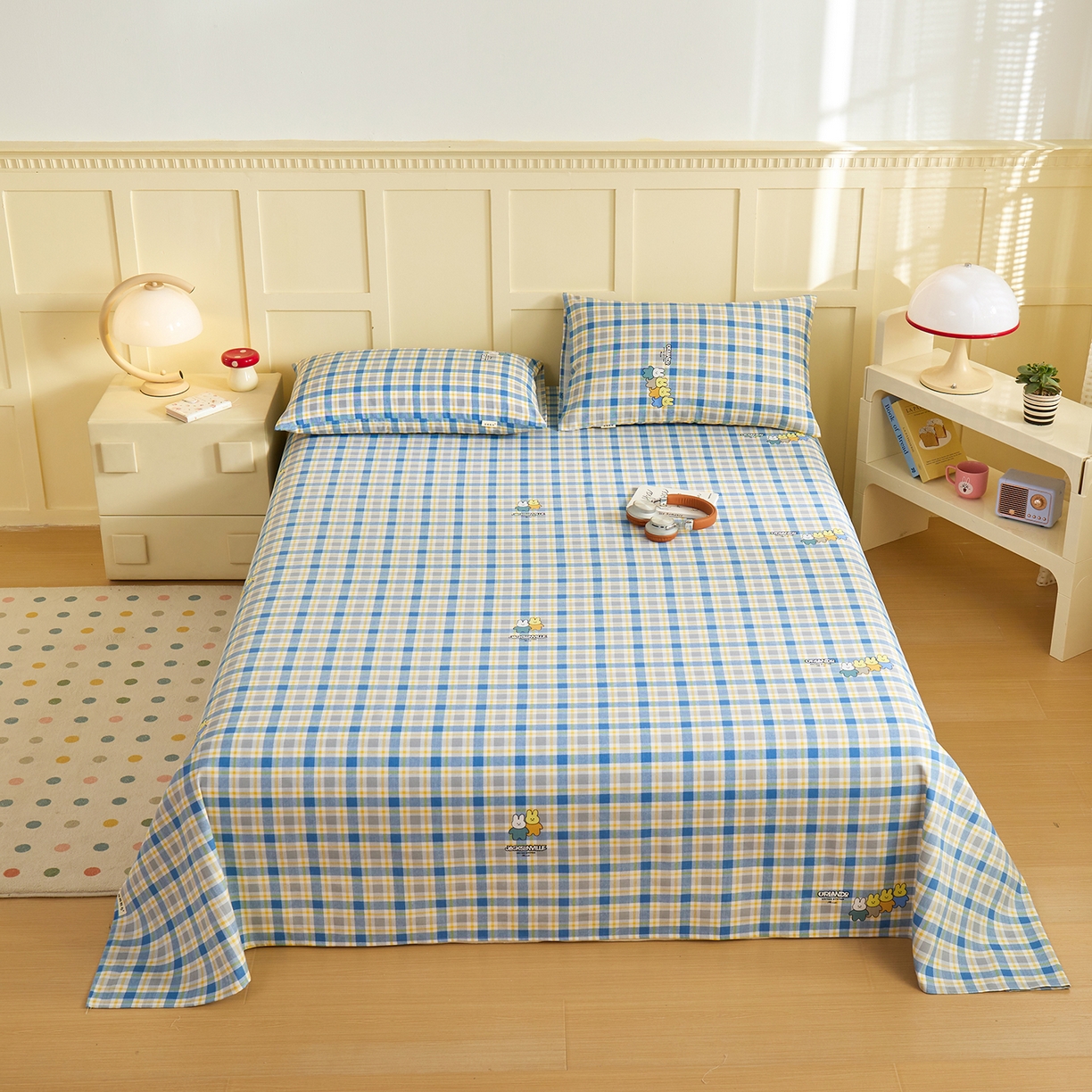 91家纺网 家纺一手货源 找家纺 青泽家纺 2025新款原棉标老粗布系列床单三件套 格子兔