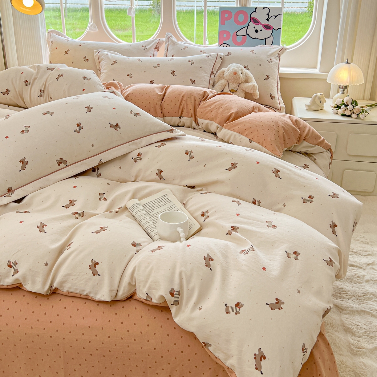 91家纺网 家纺一手货源 找家纺 韩后家纺 2025新款水洗棉印花系列四件套 腊肠狗