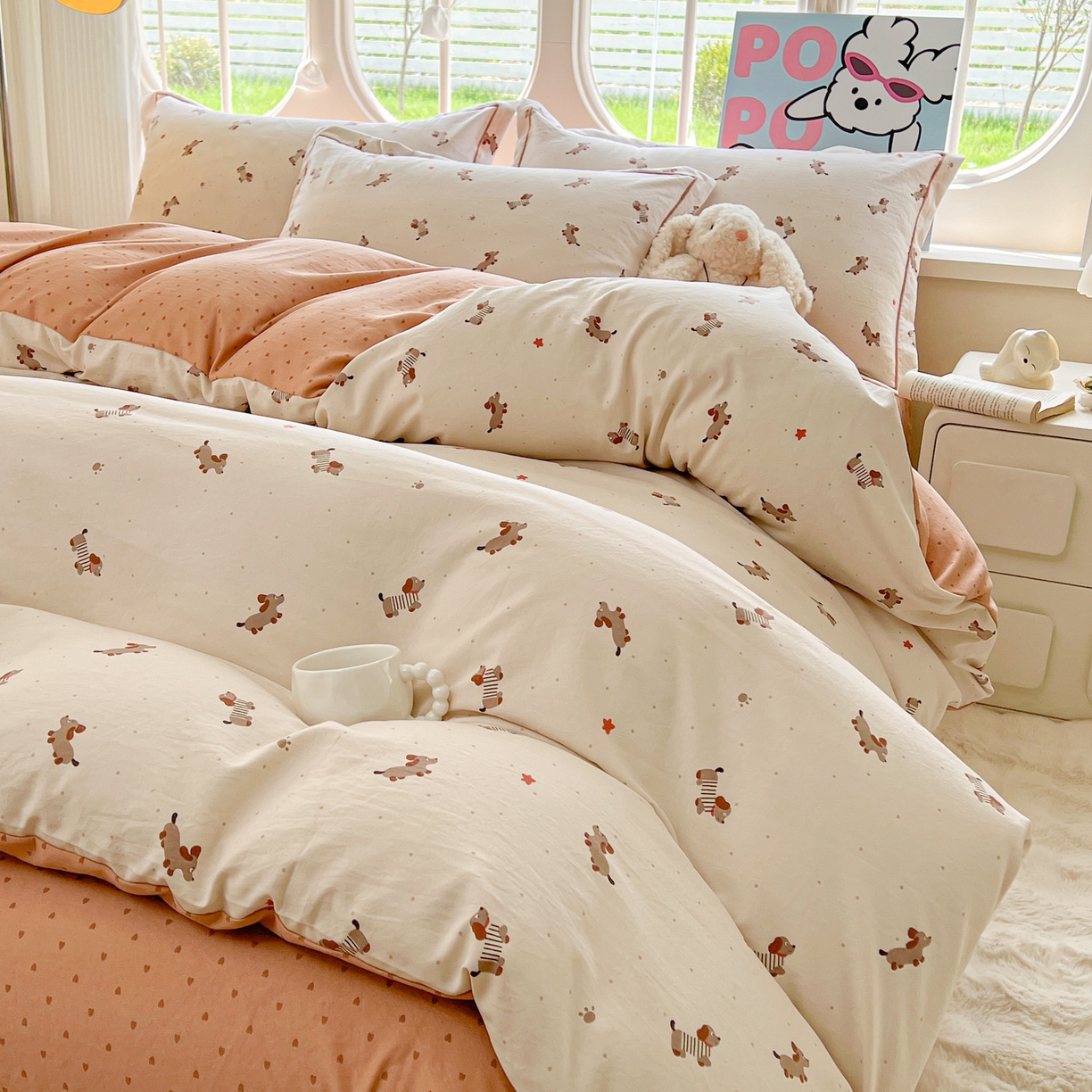 91家纺网 家纺一手货源 找家纺 韩后家纺 2025新款水洗棉印花系列四件套 腊肠狗