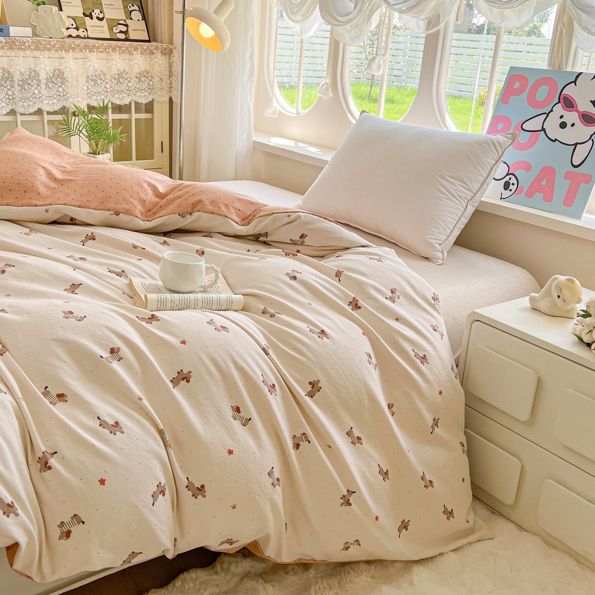 91家纺网 家纺一手货源 找家纺 韩后家纺 2025新款水洗棉印花系列四件套 腊肠狗