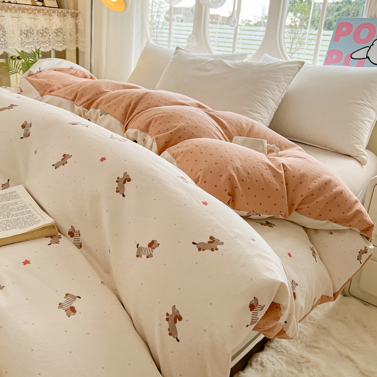 91家纺网 家纺一手货源 找家纺 韩后家纺 2025新款水洗棉印花系列四件套 腊肠狗