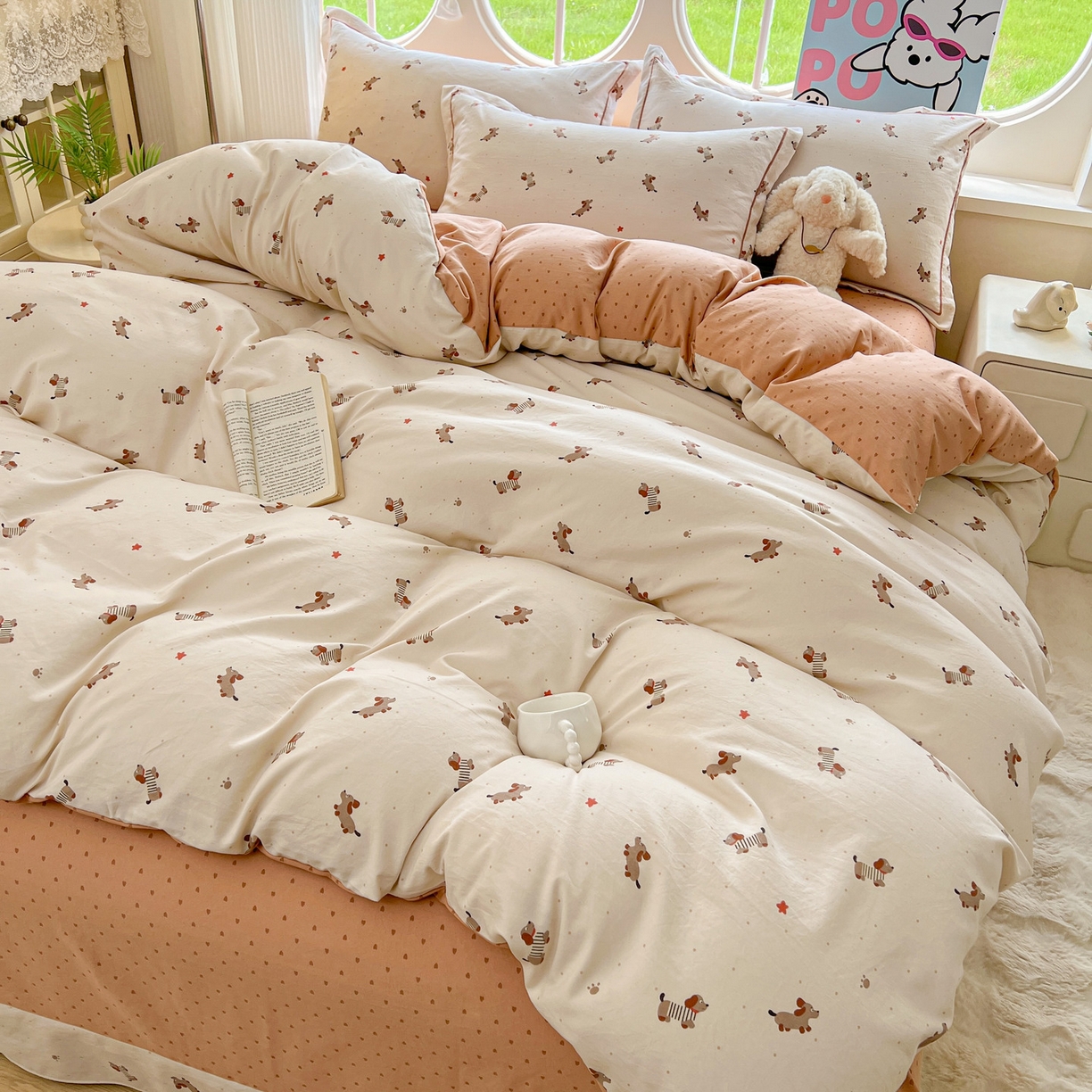 91家纺网 家纺一手货源 找家纺 韩后家纺 2025新款水洗棉印花系列四件套 腊肠狗