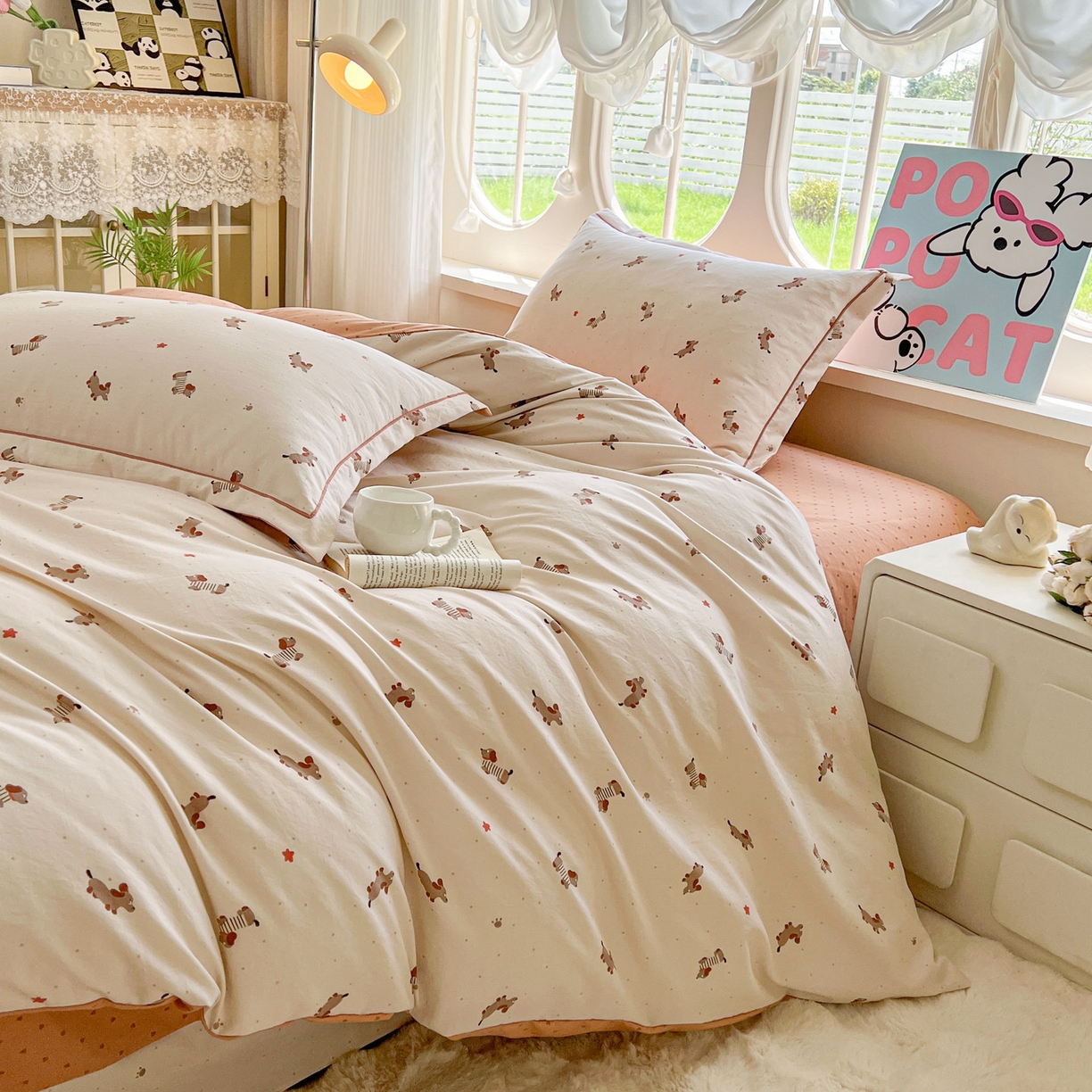 91家纺网 家纺一手货源 找家纺 韩后家纺 2025新款水洗棉印花系列四件套 腊肠狗