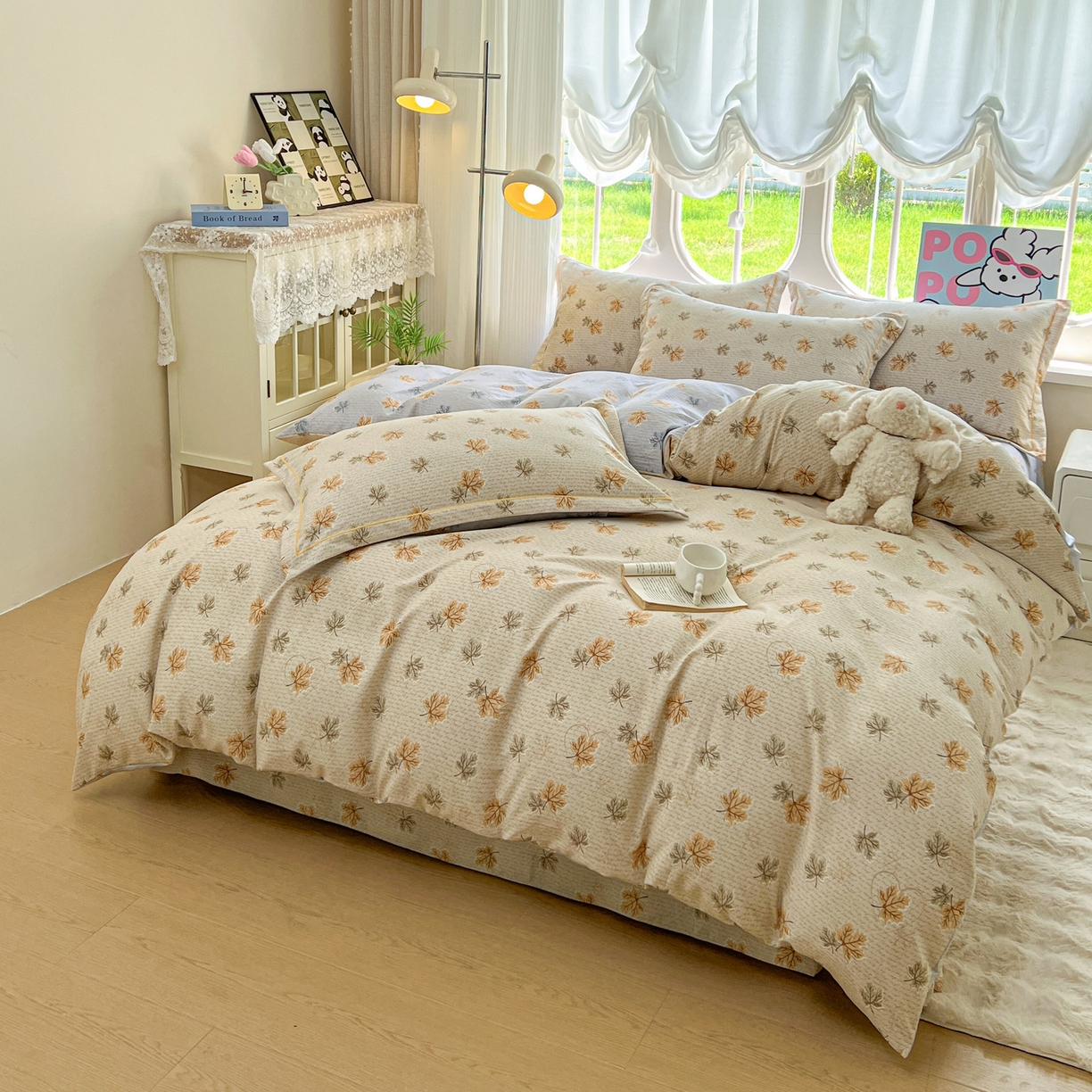 91家纺网 家纺一手货源 找家纺 韩后家纺 2025新款水洗棉印花系列四件套 秋洛-咖