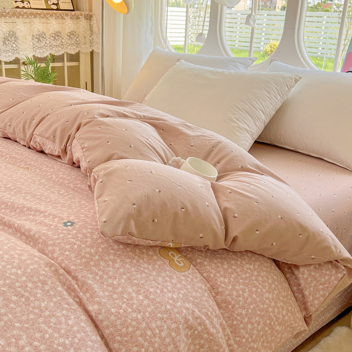 91家纺网 家纺一手货源 找家纺 韩后家纺 2025新款水洗棉印花系列四件套 挽梦-粉