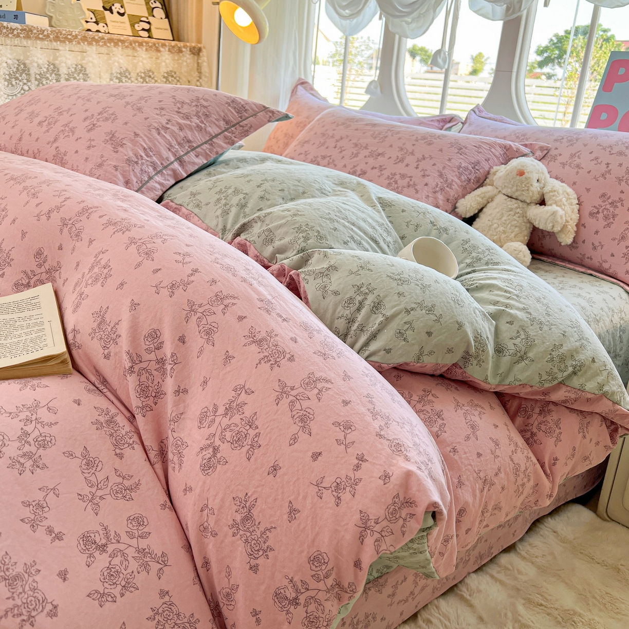 91家纺网 家纺一手货源 找家纺 韩后家纺 2025新款水洗棉印花系列四件套 映入江南-粉