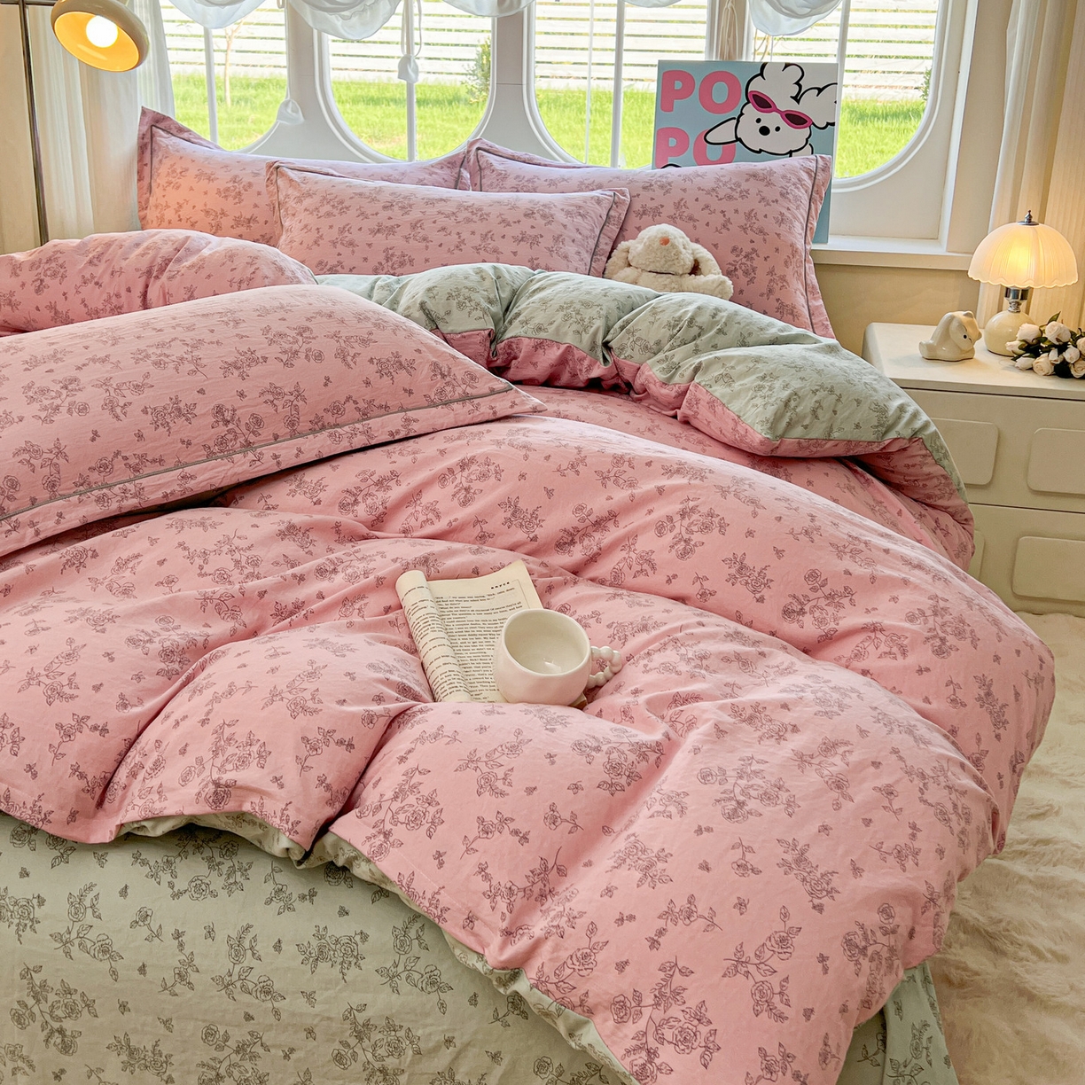 91家纺网 家纺一手货源 找家纺 韩后家纺 2025新款水洗棉印花系列四件套 映入江南-粉