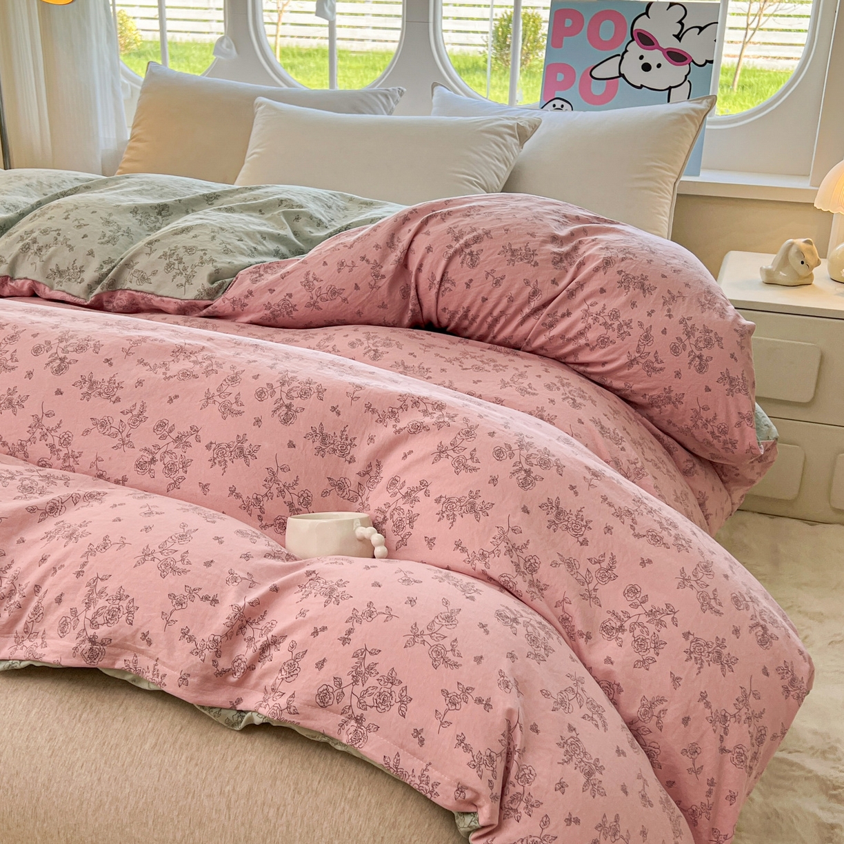 91家纺网 家纺一手货源 找家纺 韩后家纺 2025新款水洗棉印花系列四件套 映入江南-粉