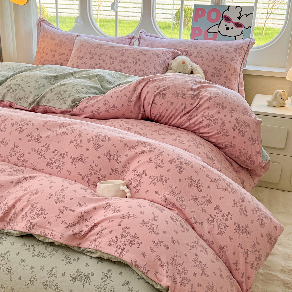 91家纺网 家纺一手货源 找家纺 韩后家纺 2025新款水洗棉印花系列四件套 映入江南-粉