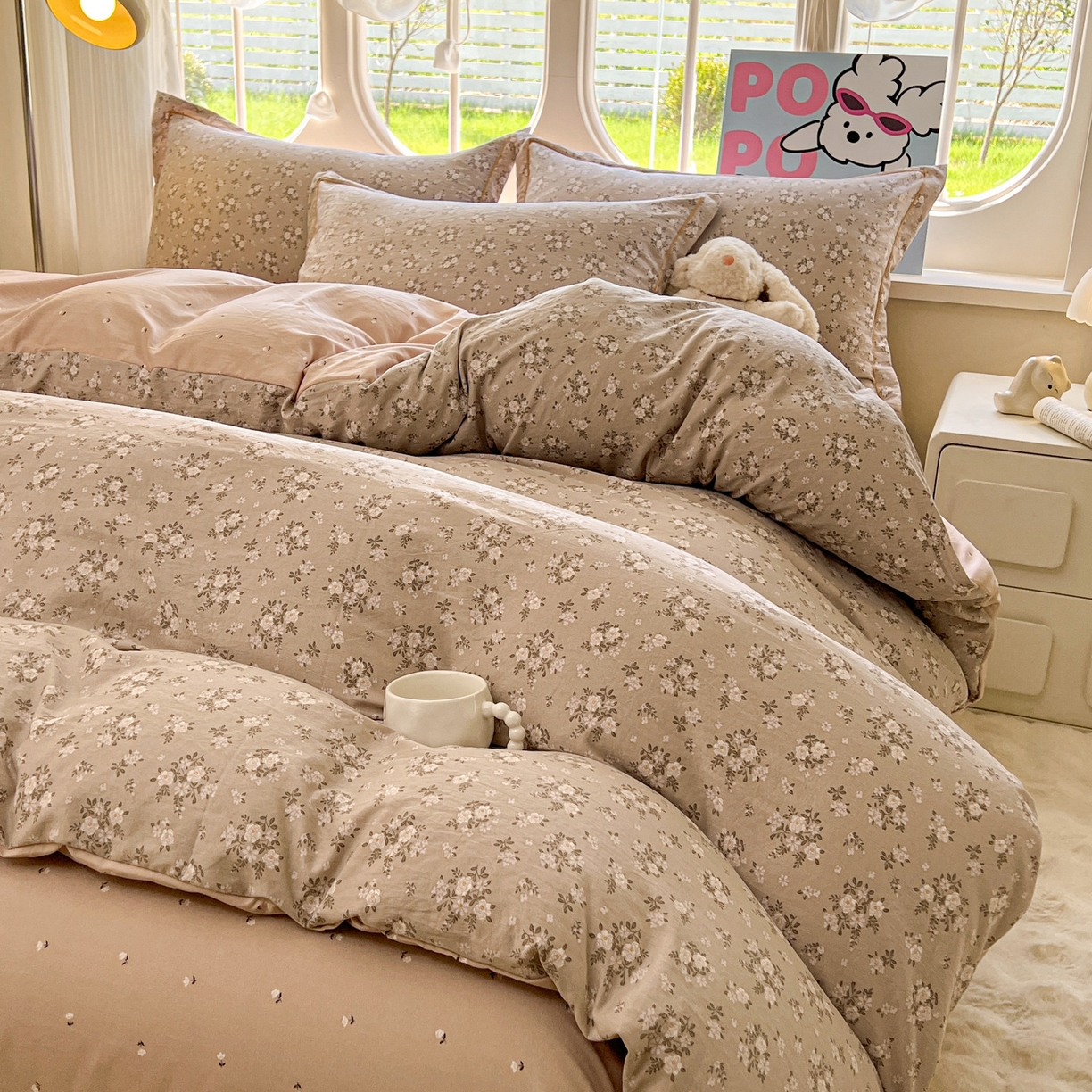 91家纺网 家纺一手货源 找家纺 韩后家纺 2025新款水洗棉印花系列四件套 花晓