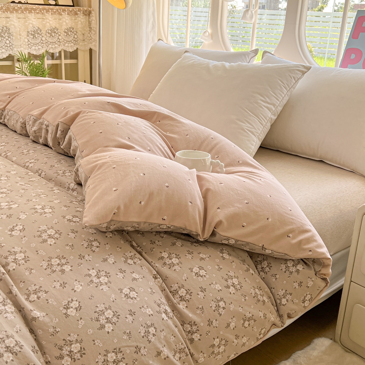 91家纺网 家纺一手货源 找家纺 韩后家纺 2025新款水洗棉印花系列四件套 花晓