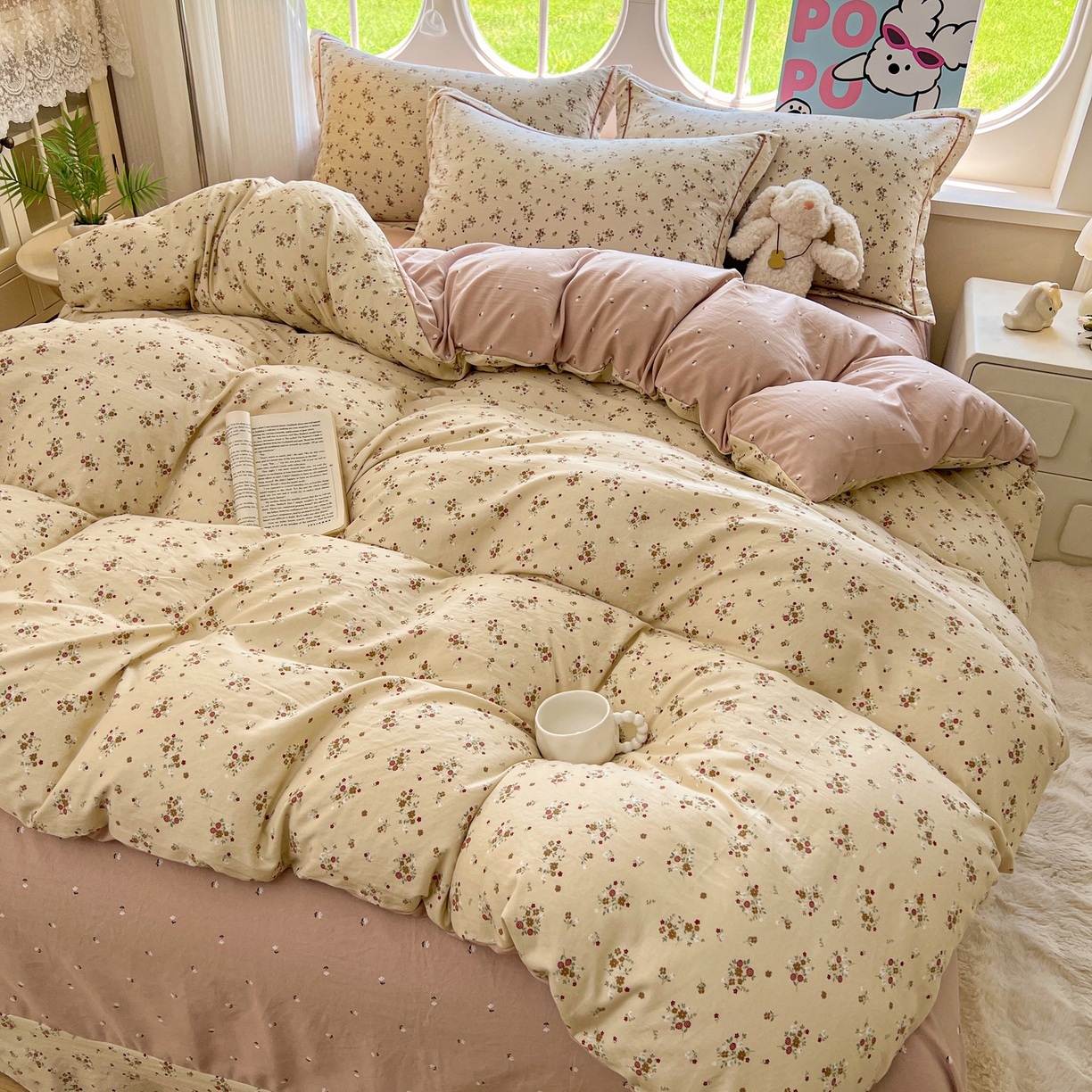 91家纺网 家纺一手货源 找家纺 韩后家纺 2025新款水洗棉印花系列四件套 黛秋-杏