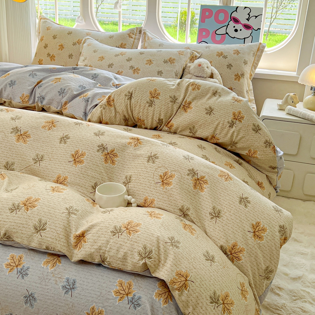 91家纺网 家纺一手货源 找家纺 韩后家纺 2025新款水洗棉印花系列四件套 秋洛-咖