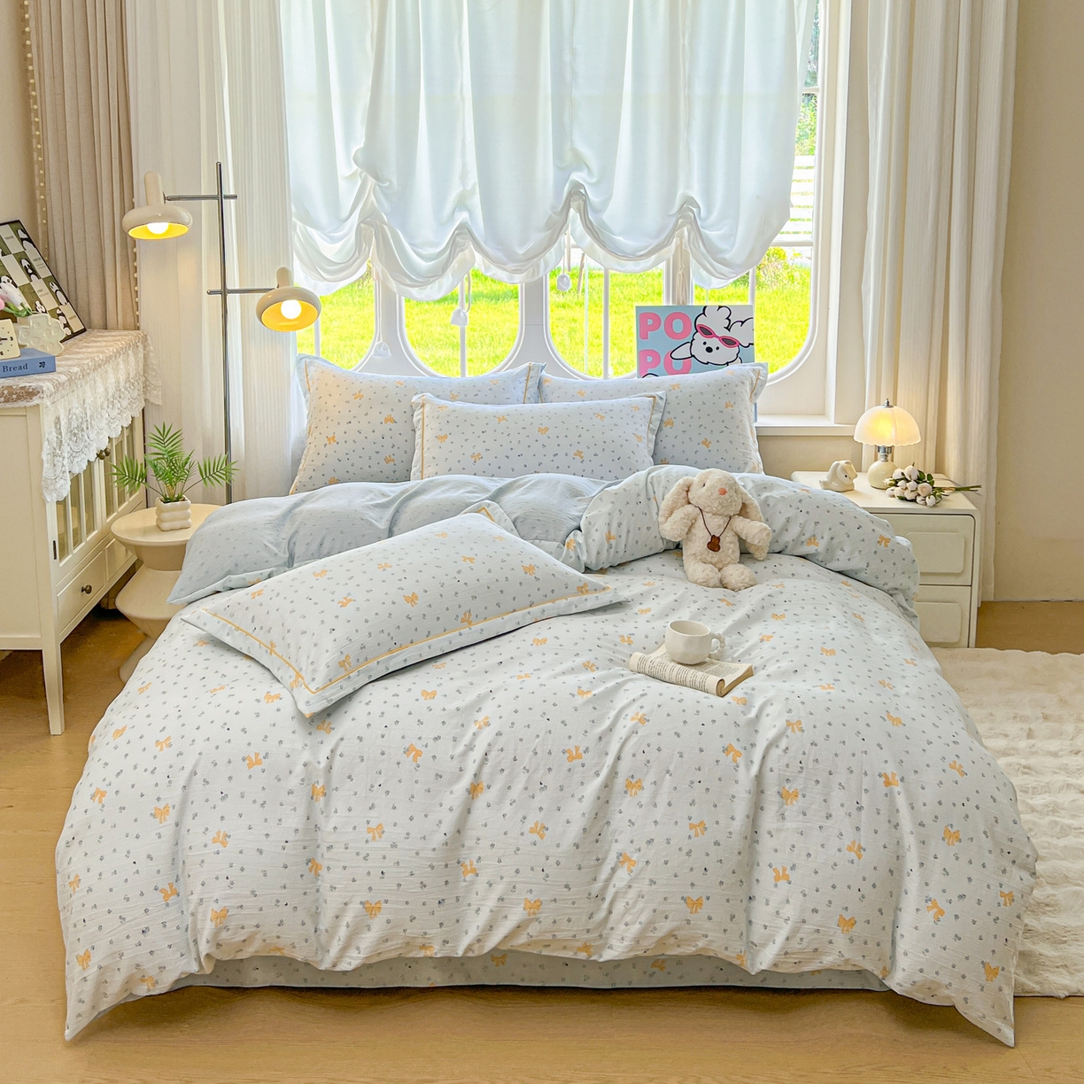 韩后家纺 2025新款水洗棉印花系列四件套 波点淡翠-兰