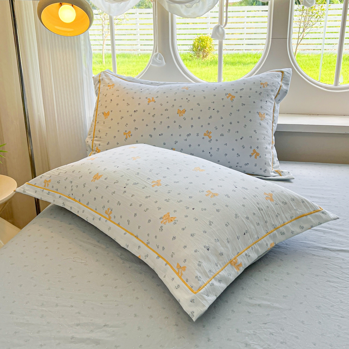 91家纺网 家纺一手货源 找家纺 韩后家纺 2025新款水洗棉印花系列四件套 波点淡翠-兰