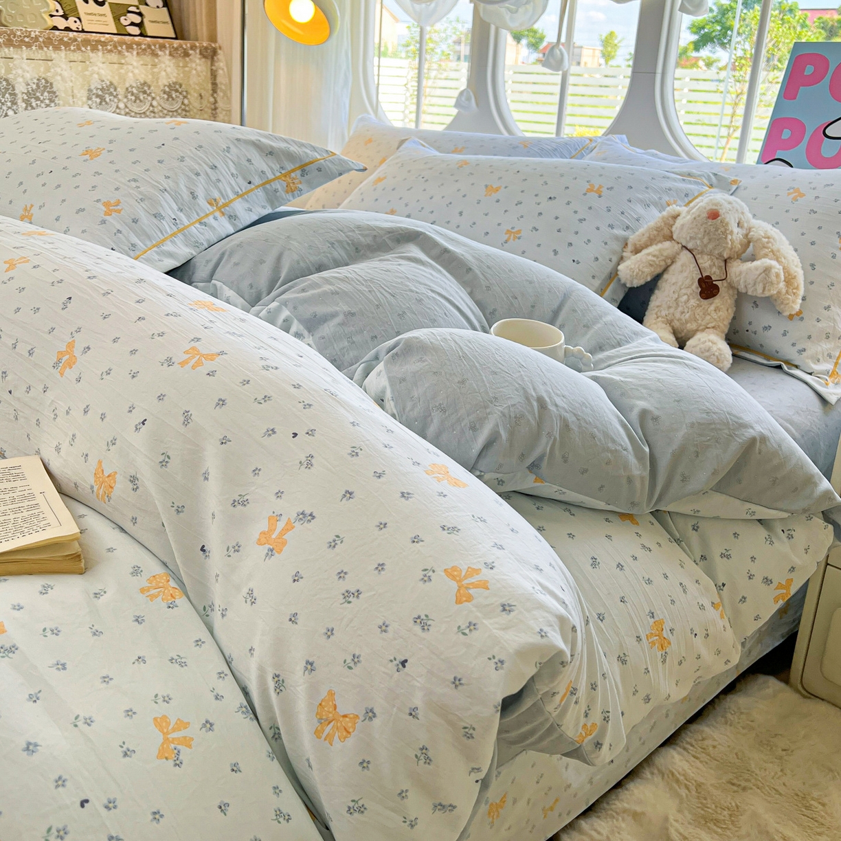 91家纺网 家纺一手货源 找家纺 韩后家纺 2025新款水洗棉印花系列四件套 波点淡翠-兰