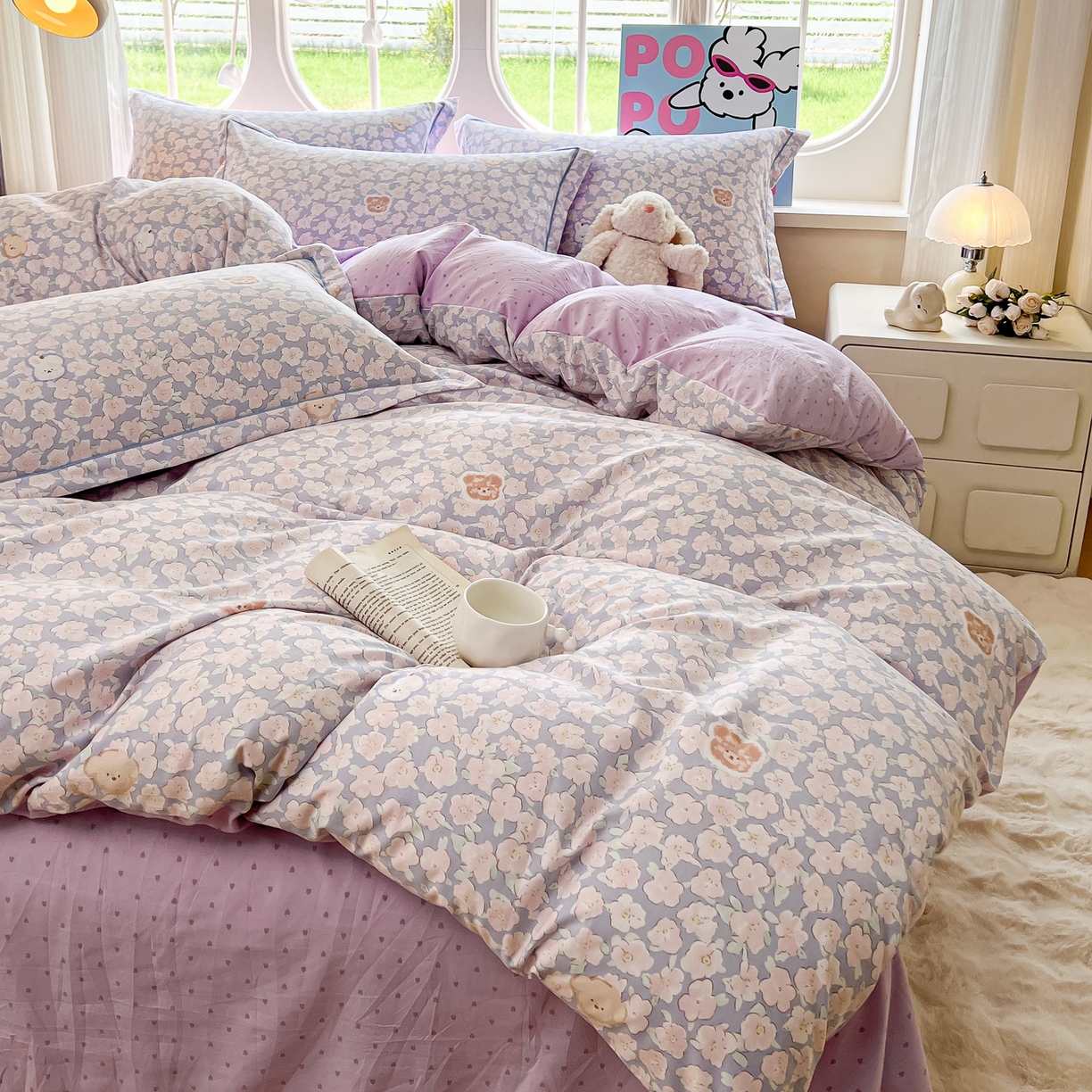 91家纺网 家纺一手货源 找家纺 韩后家纺 2025新款水洗棉印花系列四件套 轻颜-紫