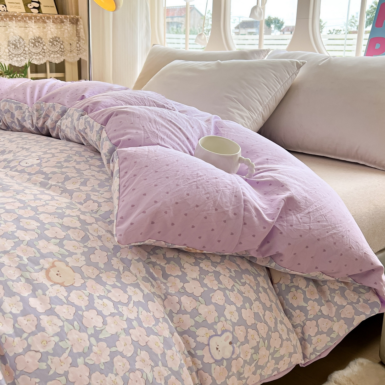 91家纺网 家纺一手货源 找家纺 韩后家纺 2025新款水洗棉印花系列四件套 轻颜-紫