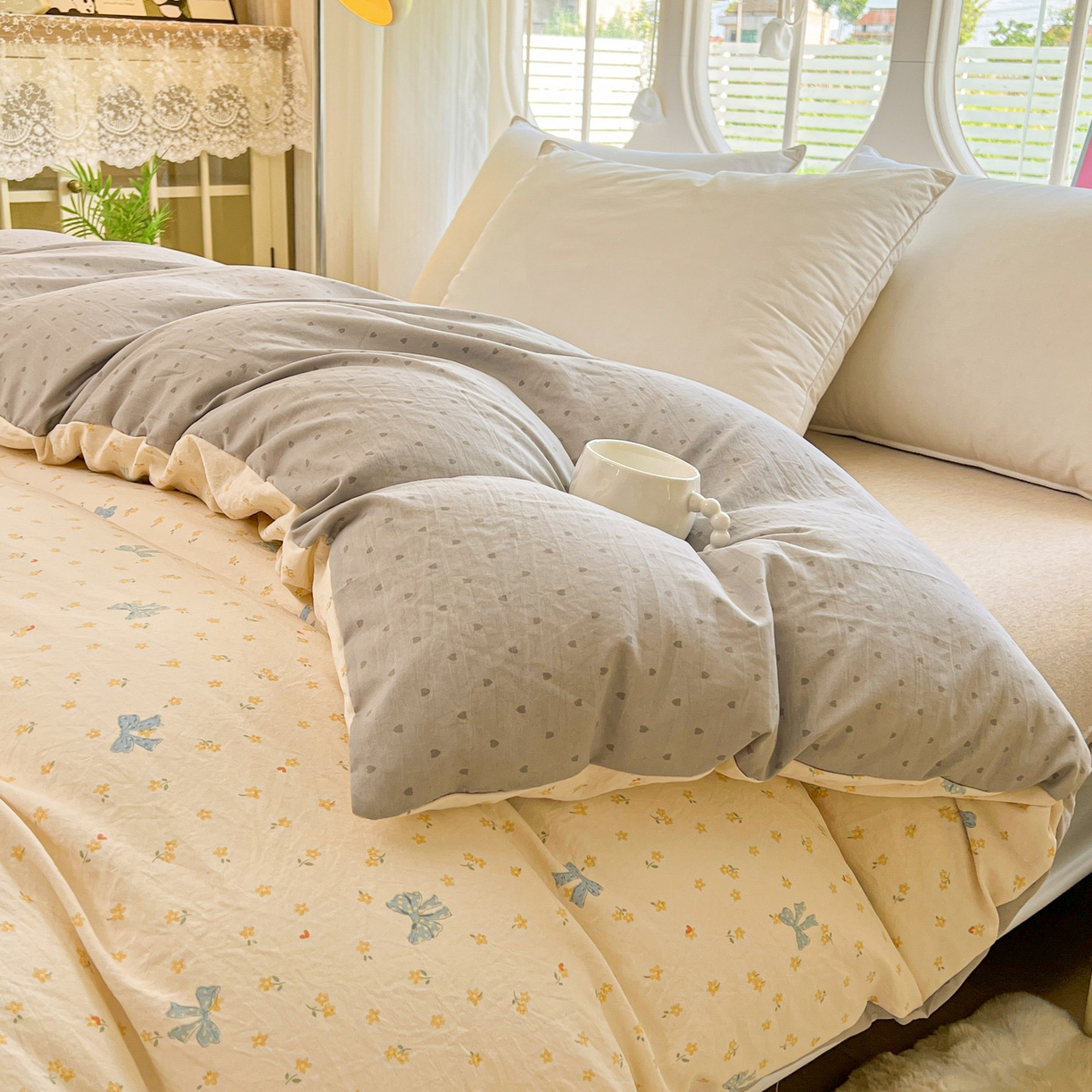 91家纺网 家纺一手货源 找家纺 韩后家纺 2025新款水洗棉印花系列四件套 波点淡翠-黄