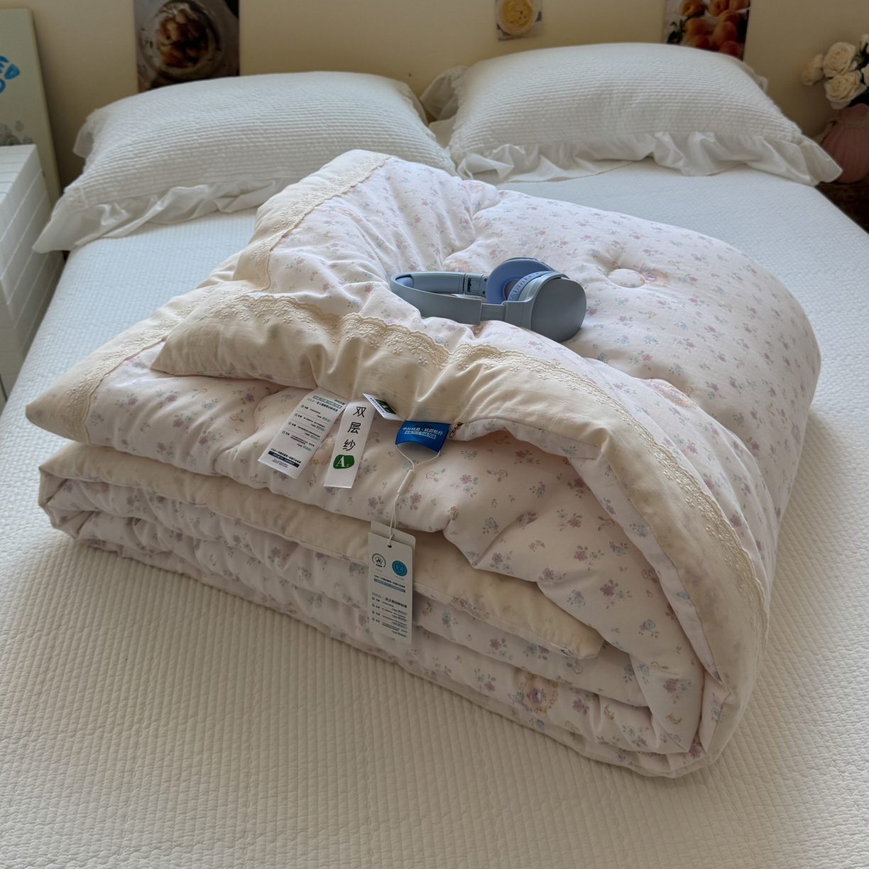 91家纺网 家纺一手货源 找家纺 一加一 2025新款A类全棉纯棉双层纱田园风懒人被冬被被子被芯（可水洗） 兰絮-粉