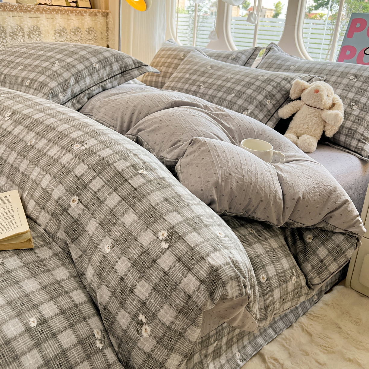 91家纺网 家纺一手货源 找家纺 韩后家纺 2025新款水洗棉印花系列四件套 洛川-灰