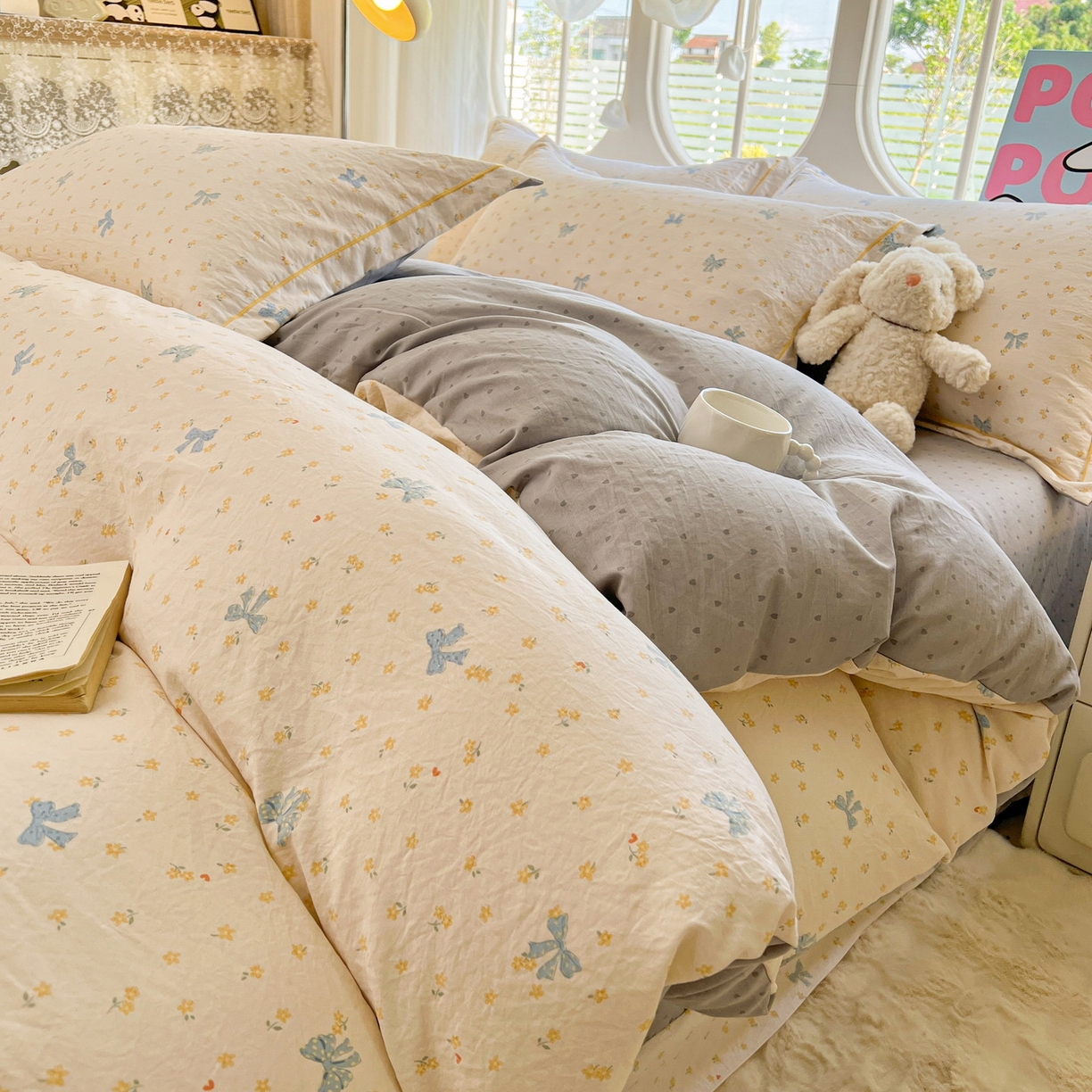 91家纺网 家纺一手货源 找家纺 韩后家纺 2025新款水洗棉印花系列四件套 波点淡翠-黄