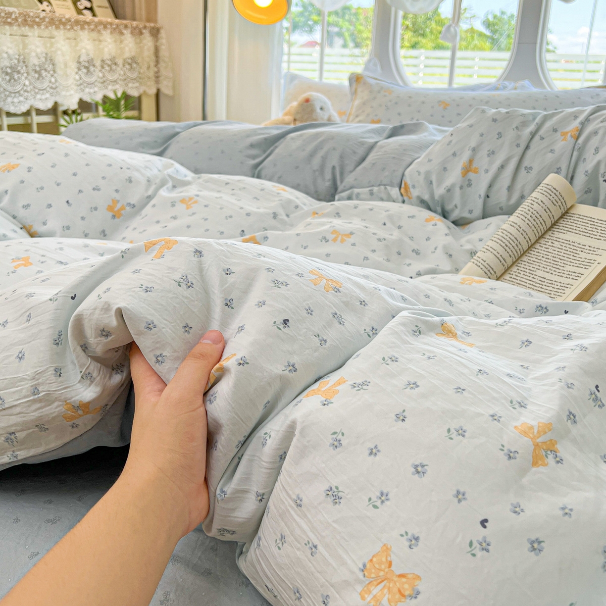 91家纺网 家纺一手货源 找家纺 韩后家纺 2025新款水洗棉印花系列四件套 波点淡翠-兰