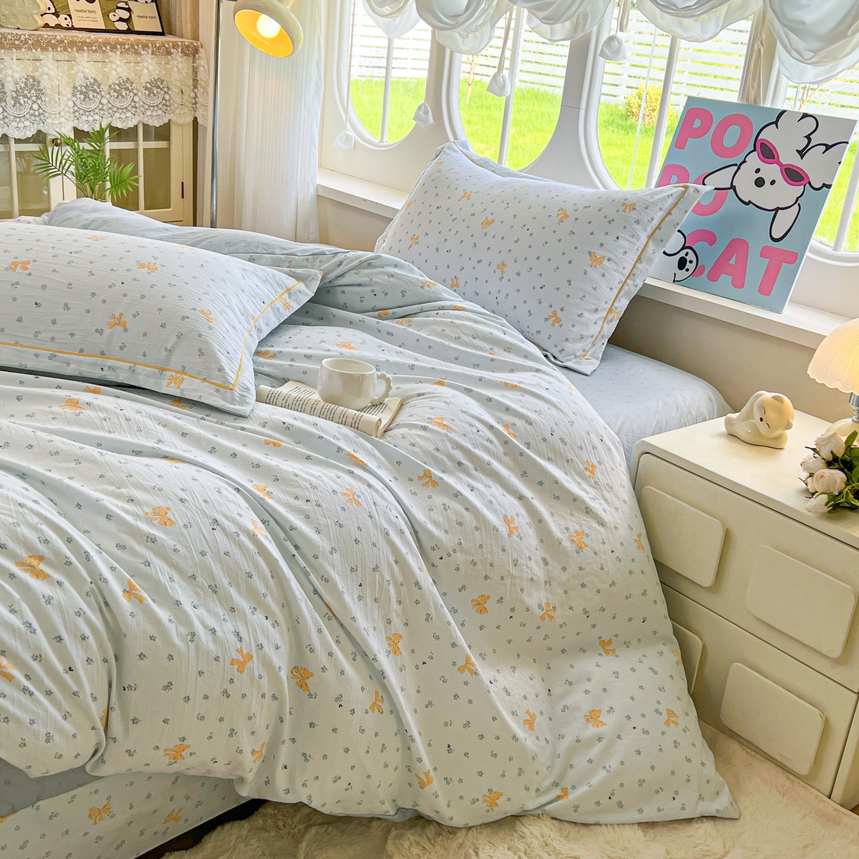 91家纺网 家纺一手货源 找家纺 韩后家纺 2025新款水洗棉印花系列四件套 波点淡翠-兰