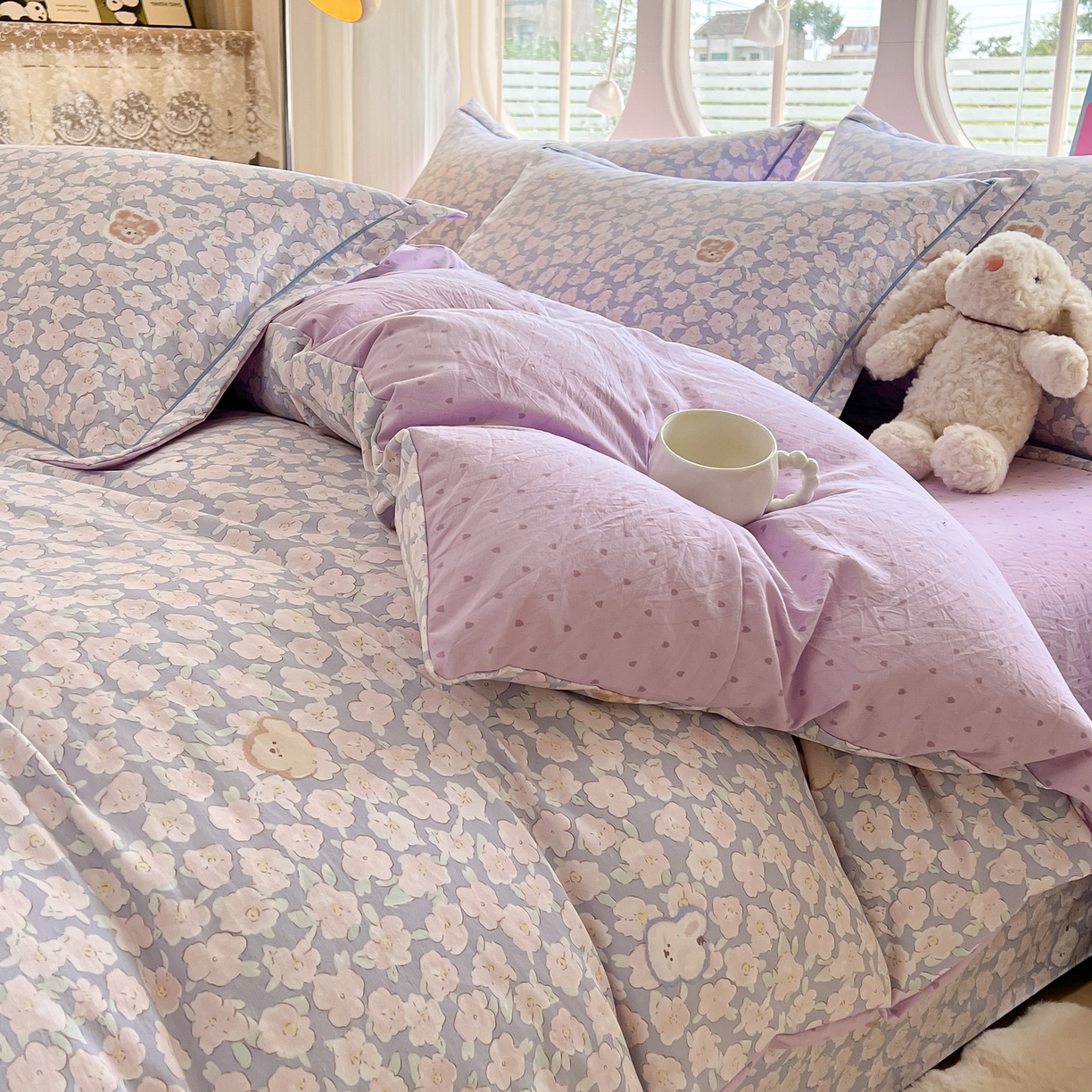 91家纺网 家纺一手货源 找家纺 韩后家纺 2025新款水洗棉印花系列四件套 轻颜-紫