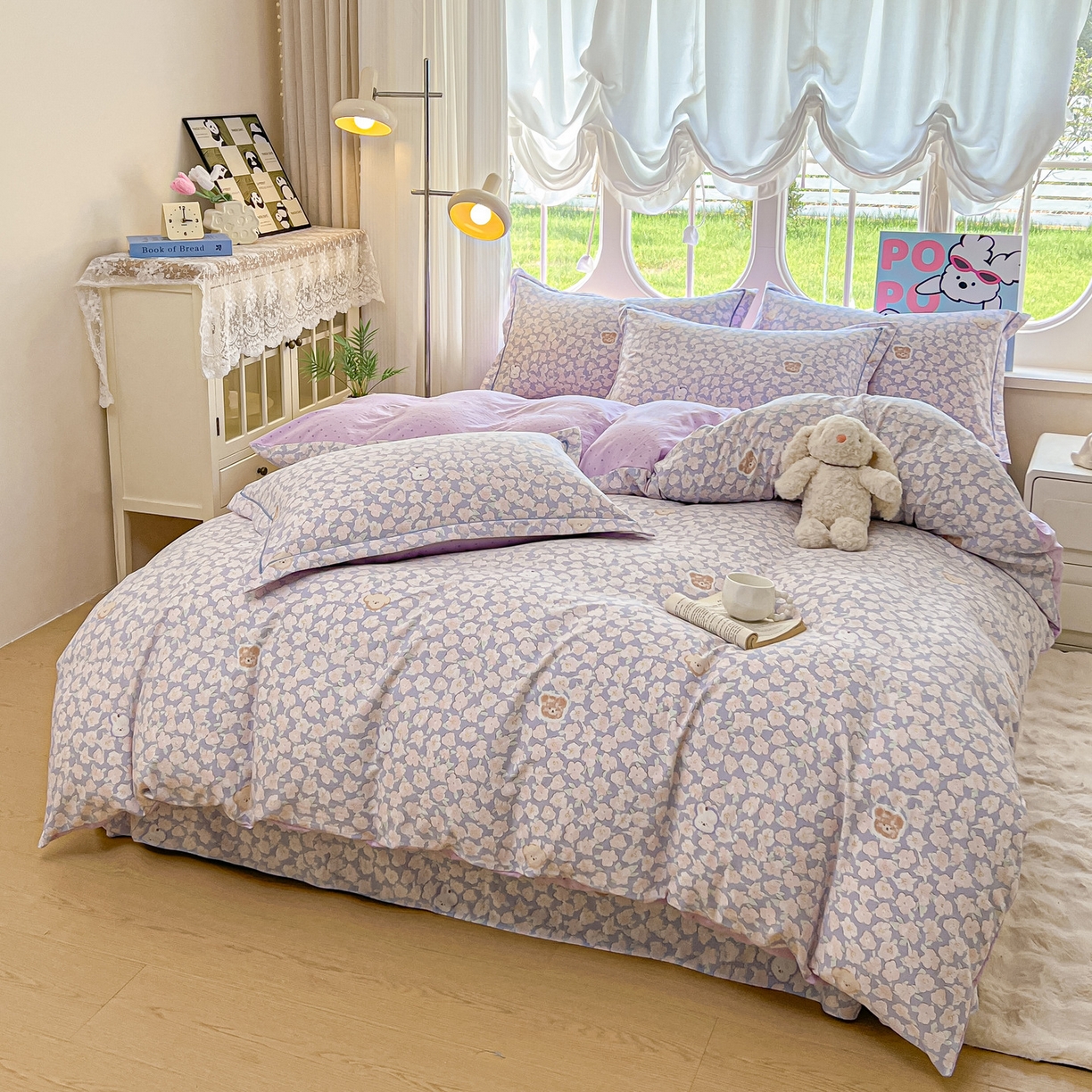 91家纺网 家纺一手货源 找家纺 韩后家纺 2025新款水洗棉印花系列四件套 轻颜-紫