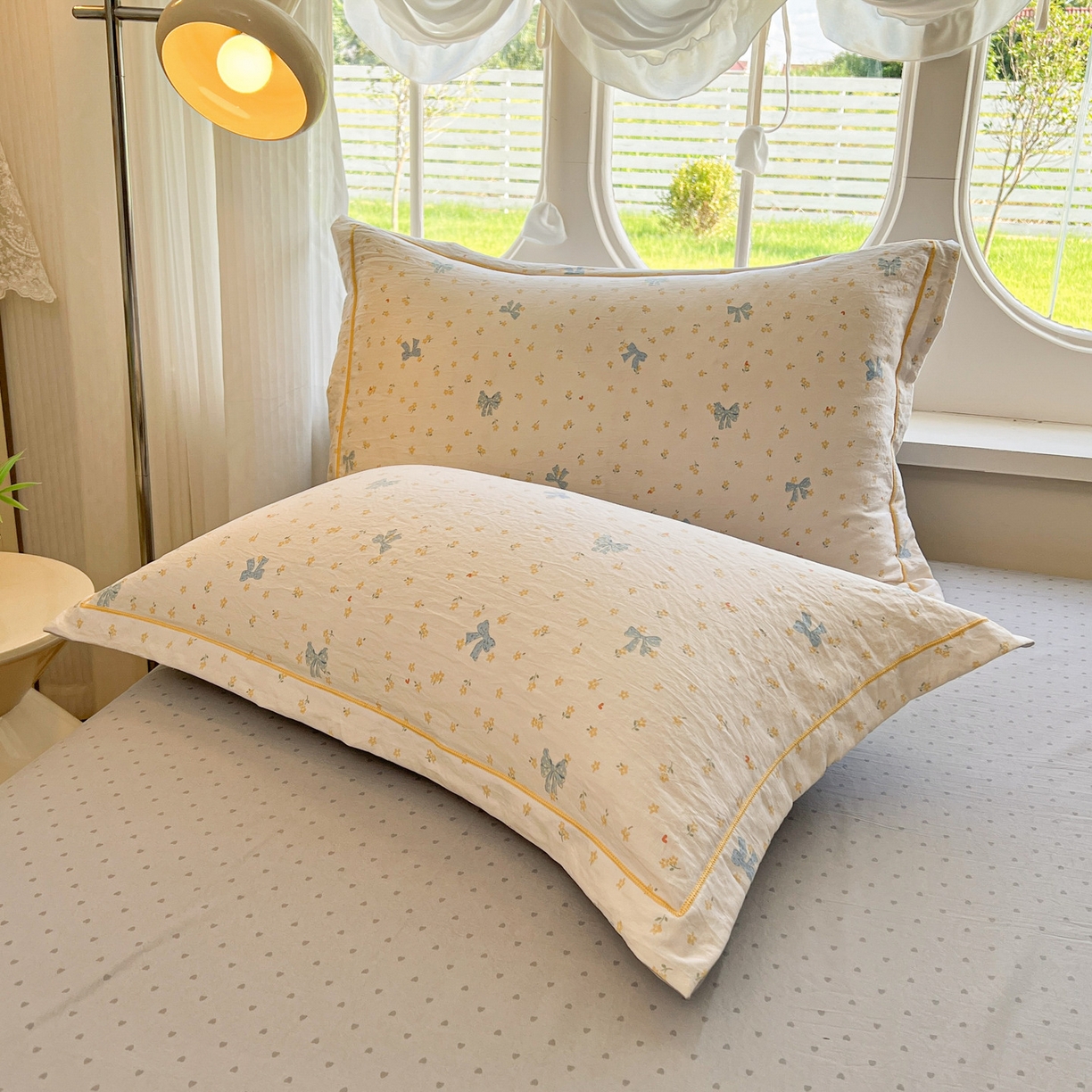 91家纺网 家纺一手货源 找家纺 韩后家纺 2025新款水洗棉印花系列四件套 波点淡翠-黄