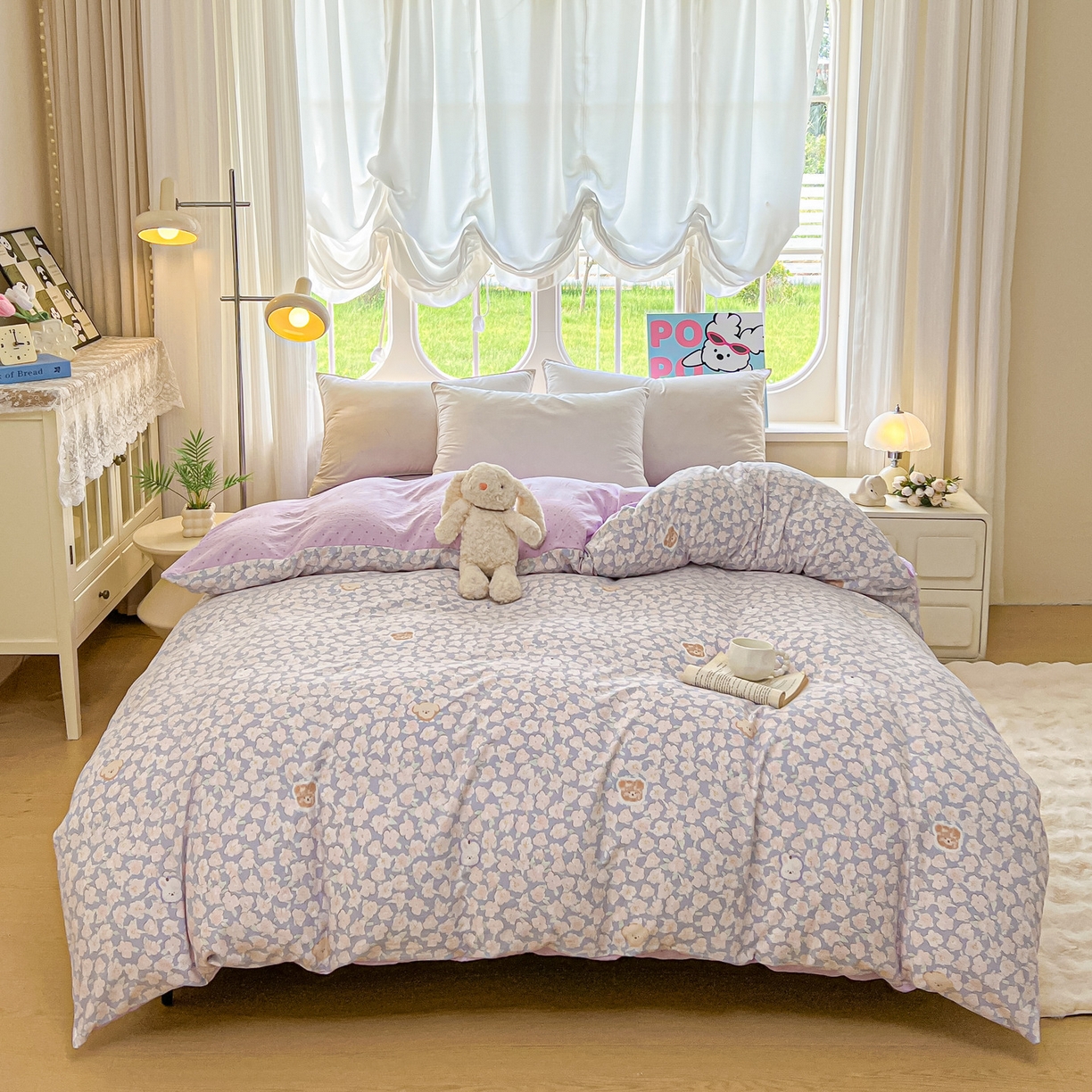 91家纺网 家纺一手货源 找家纺 韩后家纺 2025新款水洗棉印花系列四件套 轻颜-紫