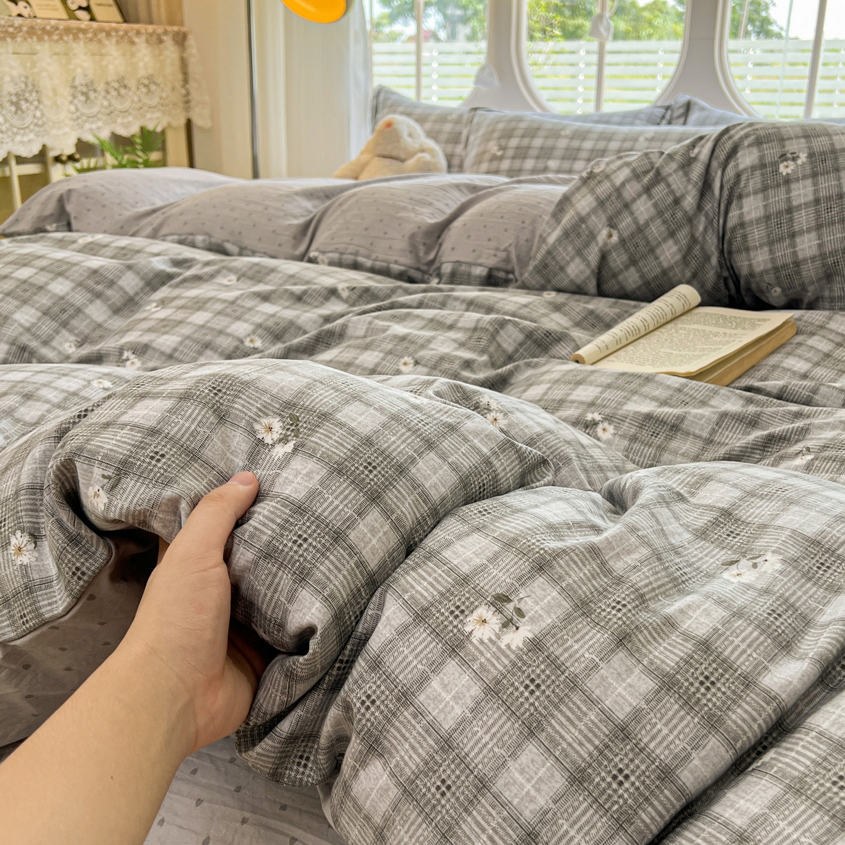 91家纺网 家纺一手货源 找家纺 韩后家纺 2025新款水洗棉印花系列四件套 洛川-灰