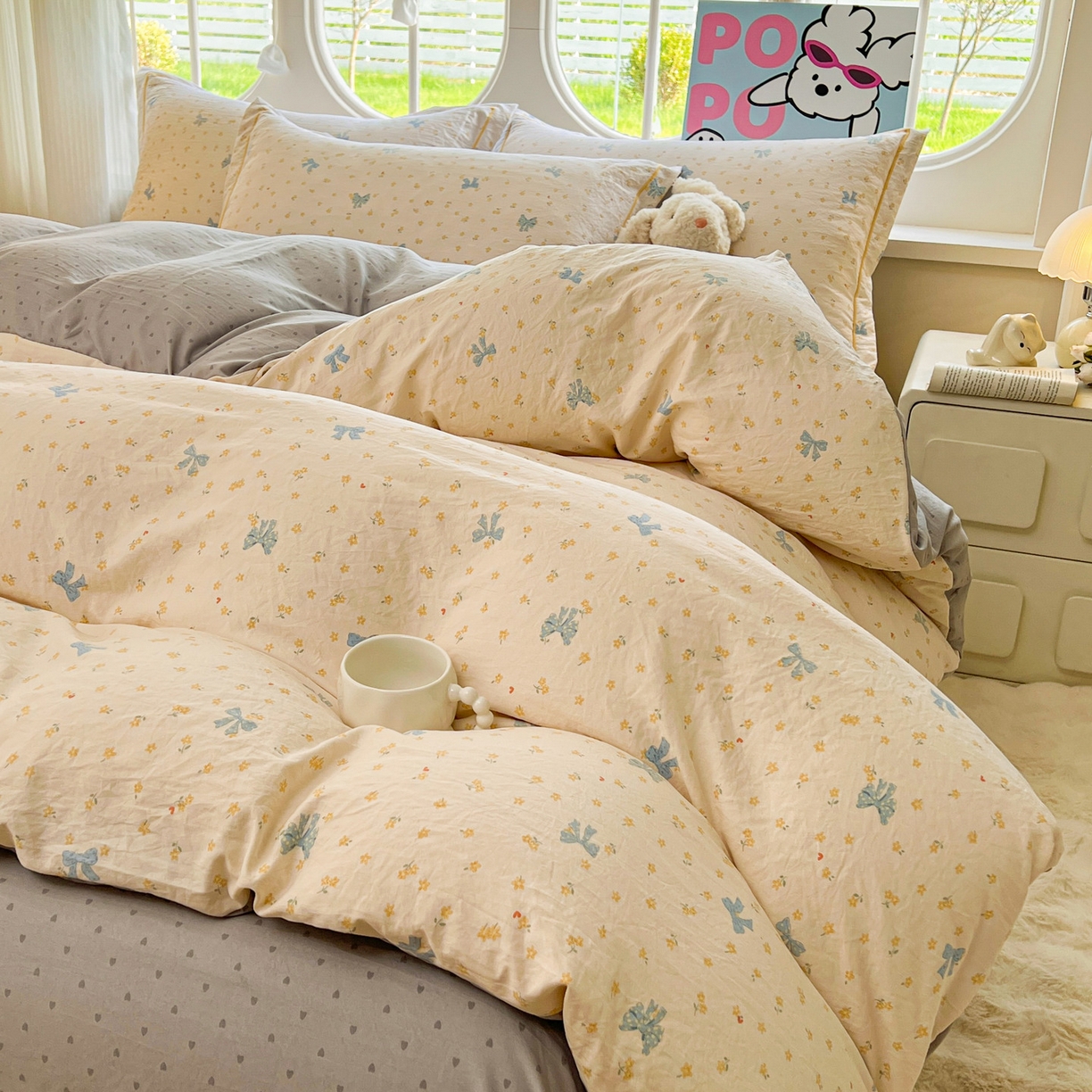 91家纺网 家纺一手货源 找家纺 韩后家纺 2025新款水洗棉印花系列四件套 波点淡翠-黄