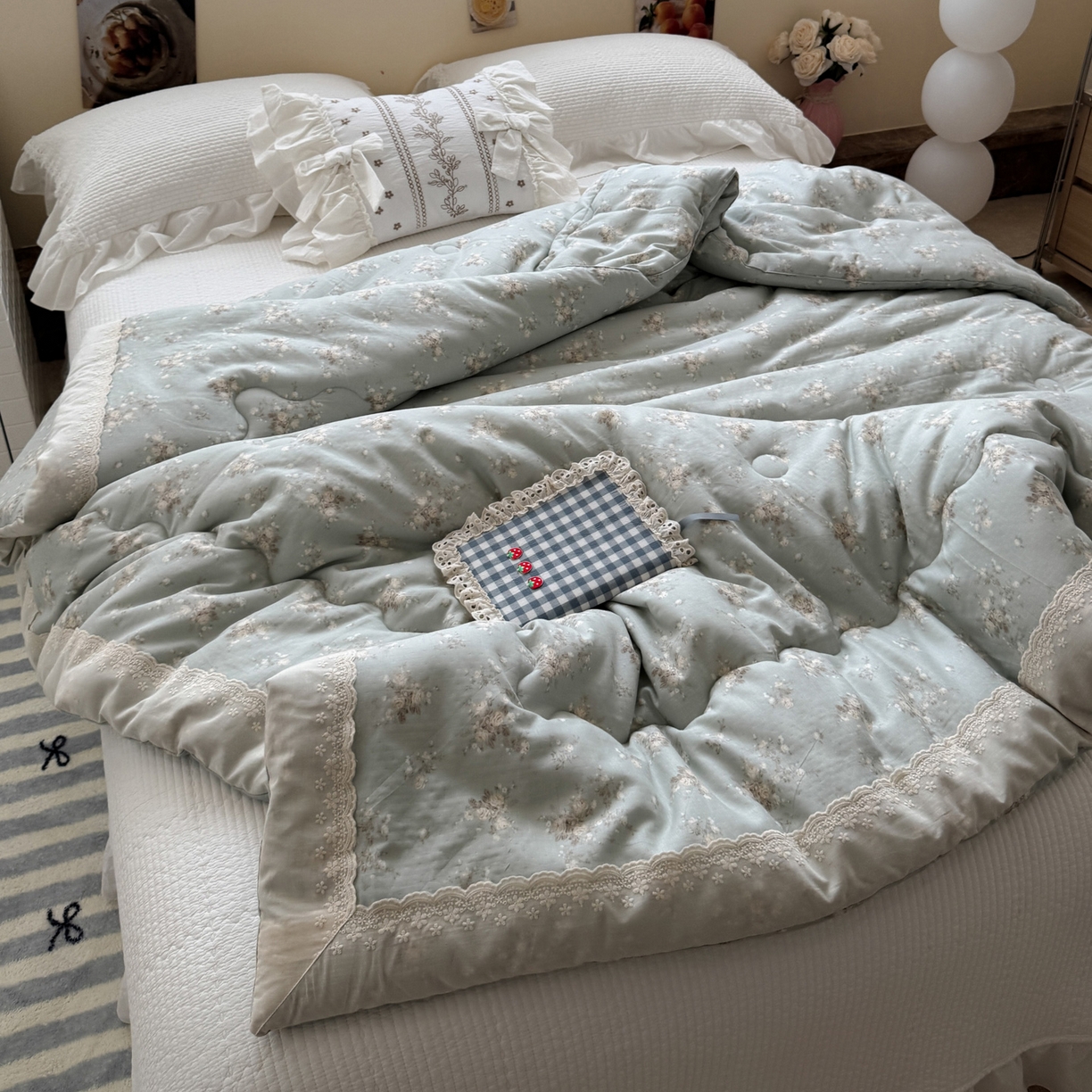 91家纺网 家纺一手货源 找家纺 一加一 2025新款A类全棉纯棉双层纱田园风懒人被冬被被子被芯（可水洗） 浮沉未央-绿