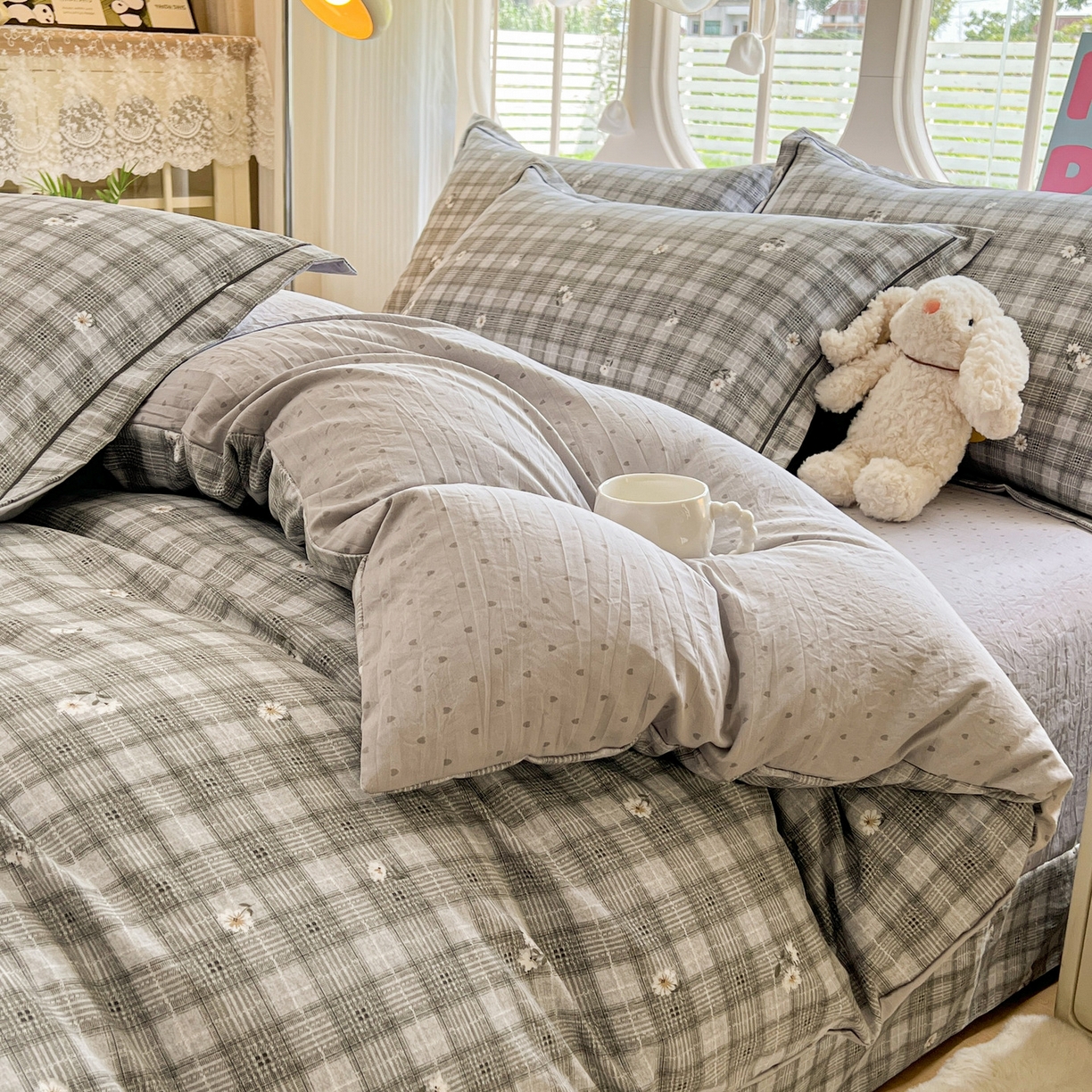 91家纺网 家纺一手货源 找家纺 韩后家纺 2025新款水洗棉印花系列四件套 洛川-灰